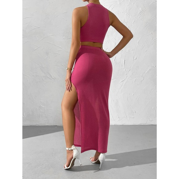 2 piece skirt set: Waffle Knit Crop Top & Split Thigh maxi Skirt - Picture 7 of 11